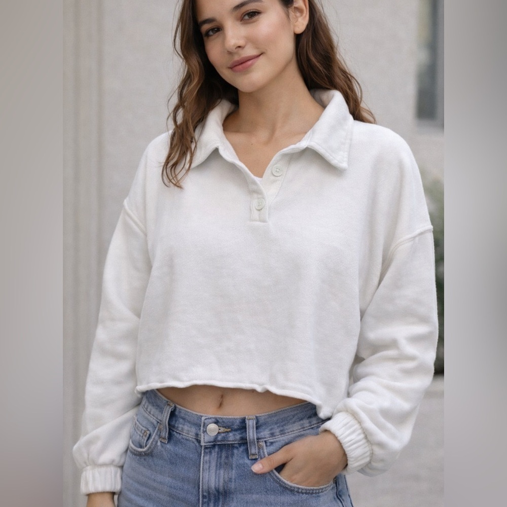 Aerie Cropped Fleece Pullover Sweatshirt White Size S